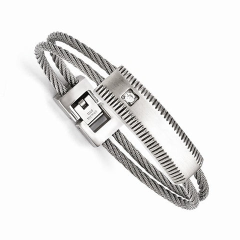 Stainless Steel Polished and Brushed Cz Wire Bracelet