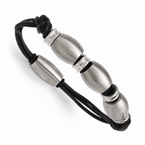 Stainless Steel Polished and Brushed Black Leather Bracelet