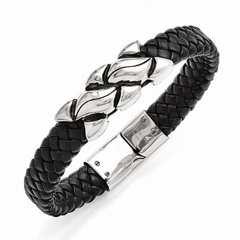 Stainless Steel Antiqued Black Leather Bracelet