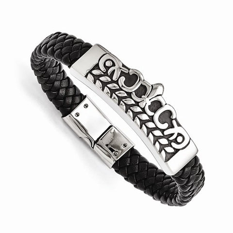 Stainless Steel Antiqued Fleur De Lis Black Leather Bracelet