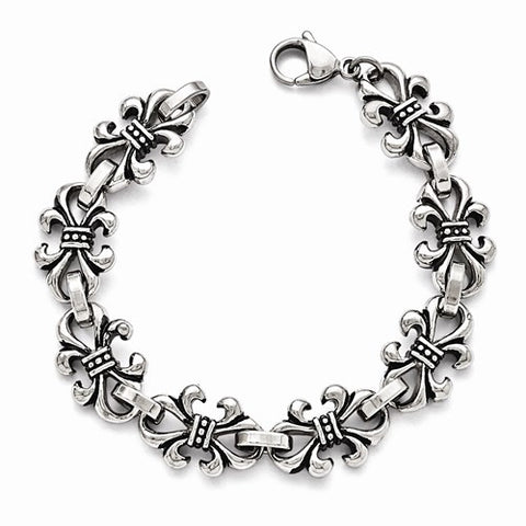 Stainless Steel Polished and Antiqued Fleur De Lis Bracelet
