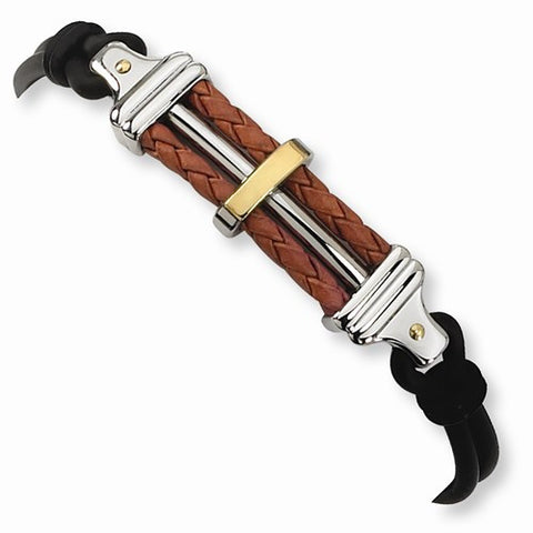 Stainless Steel Black Rubber & Brown Leather 18K Gold Accent Bracelet