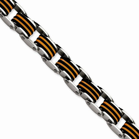 Stainless Steel Black & Orange Polished Yurethane Bracelet