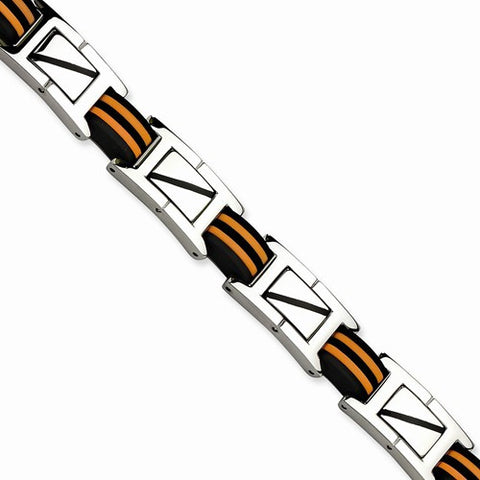 Stainless Steel Black & Orange Polished Yurethane Bracelet