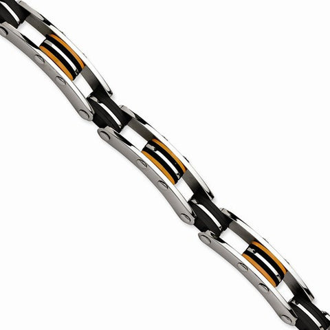 Stainless Steel Polished Black & Orange Polished Yurethane Bracelet