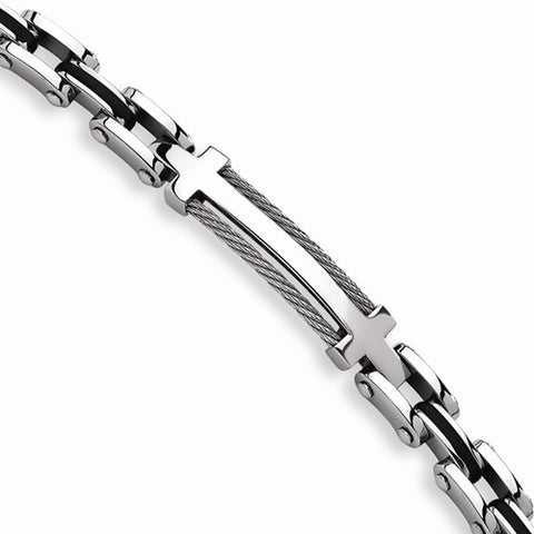 Stainless Steel Wire & Black Rubber Polished Bracelet