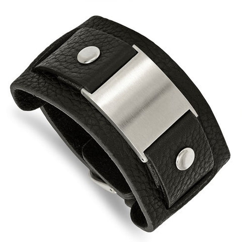 Stainless Steel Black Leather 10In Adjustable with Buckle Bracelet