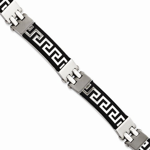 Stainless Steel Black Rubber with Greek Key Design Bracelet