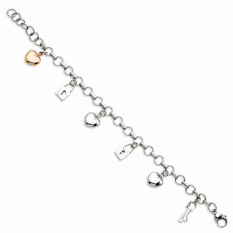 Stainless Steel Rose Ip-Plated Polished Hearts Bracelet