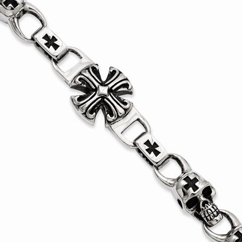 Stainless Steel Antiqued Skulls & Cross Bracelet