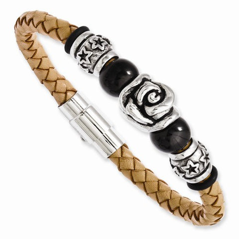 Stainless Steel Light Tan Leather with Beads Bracelet