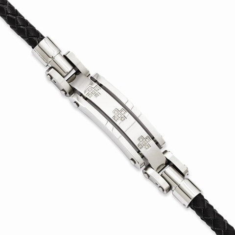 Stainless Steel Black Leather & Diamond Crosses Bracelet