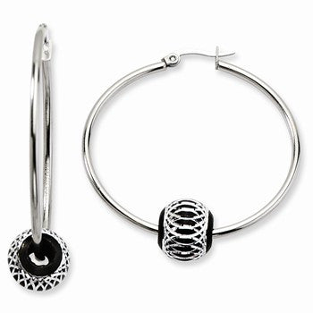 Stainle Steel Black Diamond-cut Bead Hoop Earrings