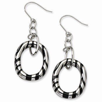 Stainle Steel Black Enamel Striped Oval Dangle Earrings