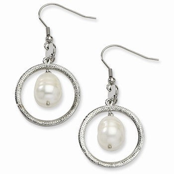 Stainle Steel Circle with Freshwater Cultured Pearl Dangle Earrings