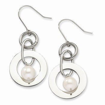 Stainle Steel White Freshwater Cultured Pearl Dangle Earrings