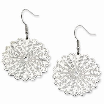 Stainle Steel Fancy Scalloped Edge Dangle Earrings
