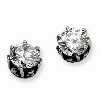 Stainle Steel Antiqued Round CZ Post Earrings