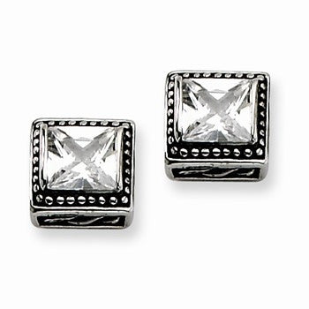 Stainle Steel Antiqued Square CZ Post Earrings