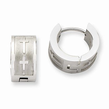 Stainle Steel Brushed Polished Crosses Hinged Hoop Earrings