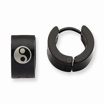 Stainle Steel Yin Yang Black IP Plated Hinged Hoop Earrings