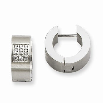 Stainle Steel CZ Brushed Polished Hinged Hoop Earrings