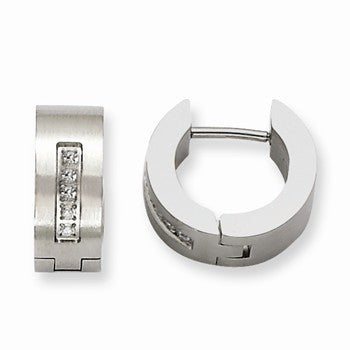 Stainle Steel CZ Brushed Polished Round Hinged Hoop Earrings