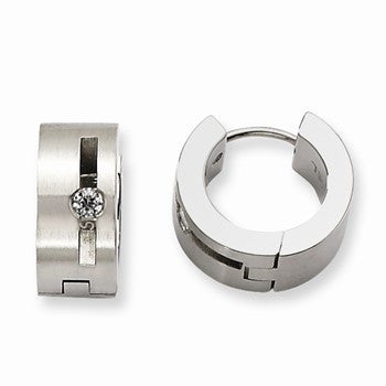 Stainle Steel CZ Brushed Polished Round Hinged Hoop Earrings
