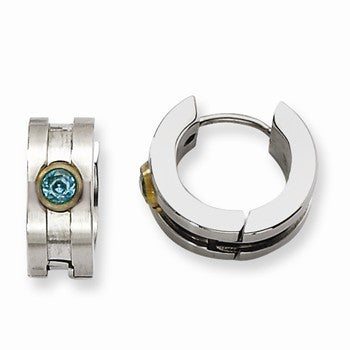Stainle Steel Teal CZ Yellow-plated Hinged Hoop Earrings