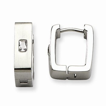 Stainle Steel CZ Brushed Polished Square Hinged Earrings