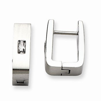 Stainle Steel CZ Brushed Polished Square Hinged Hoop Earrings