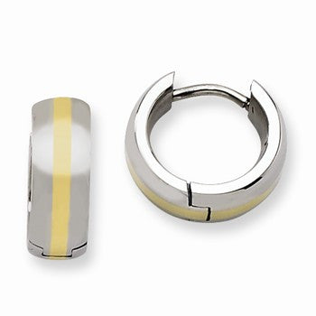Stainle Steel Polished w/ 14k Yellow Gold Inlay Hinged Hoop Earrings