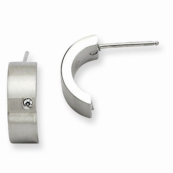 Stainle Steel CZ Brushed Polished Half Hoop Post Earrings