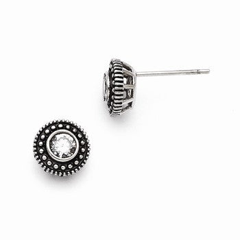 Stainle Steel Circle CZ Antiqued Post Earrings