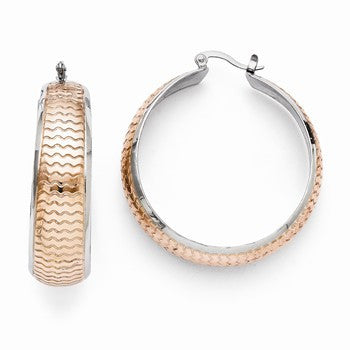 Stainle Steel Polished & Textured Pink IP-plated Hoop Earrings