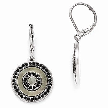 Stainle Steel Polished Black MOP & Crystal Lever back Earrings