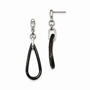 Stainle Steel Polished Black Ceramic CZ Dangle Post Earrings