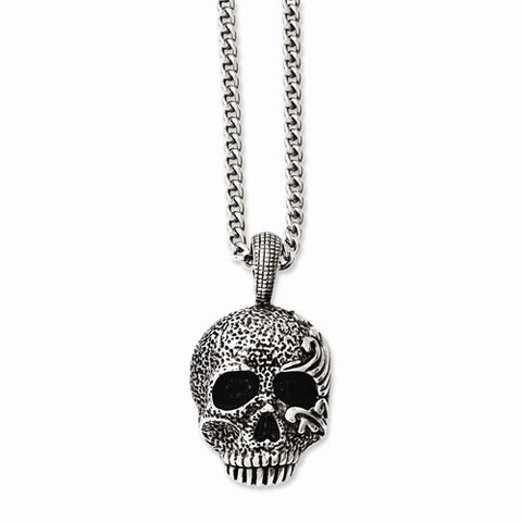 Stainless Steel Antiqued & Textured Skull Necklace