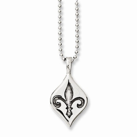 Stainless Steel Antiqued & Polished Fleur De Lis Necklace