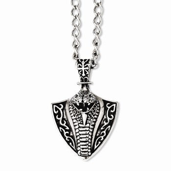 Stainless Steel Antiqued Snake On Shield Necklace