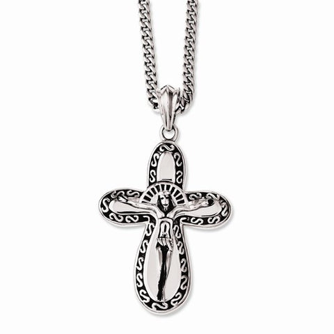 Stainless Steel Antiqued & Polished Crucifix Necklace