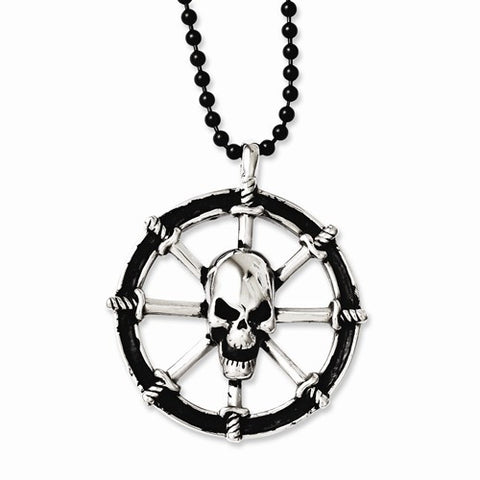 Stainless Steel Antiqued Pirates Wheel Skull Necklace