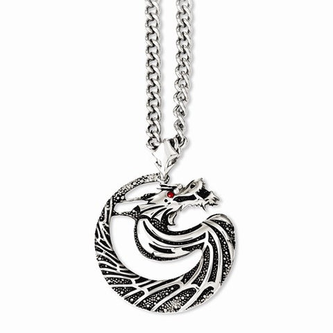 Stainless Steel Antiqued Dragon Red CZ Eye Necklace