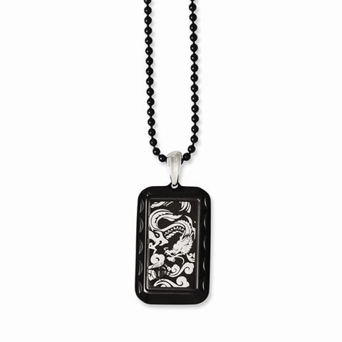 Stainless Steel Black Ip-Plated Dragon Dog Tag Necklace