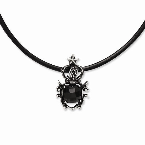Stainless Steel Antiqued Crown Black Glass Necklace