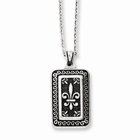 Stainless Steel Antiqued Dog Tag Fleur De Lis Necklace