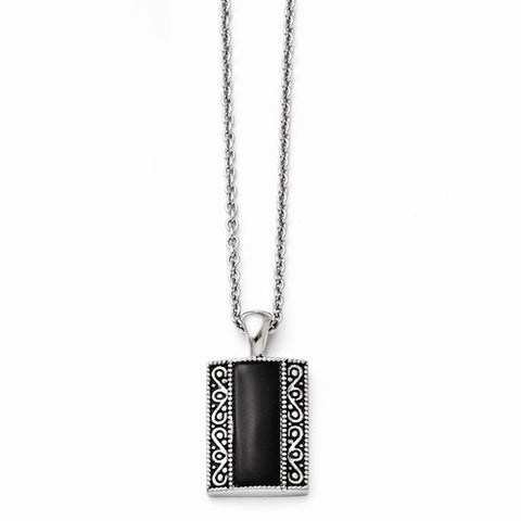 Stainless Steel Black Onyx Antiqued Rectangular Necklace