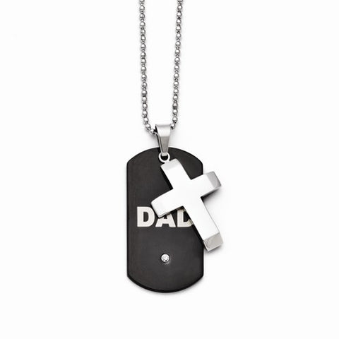 Stainless Steel Black Ip-Plated Dog Tag CZ Cross Necklace