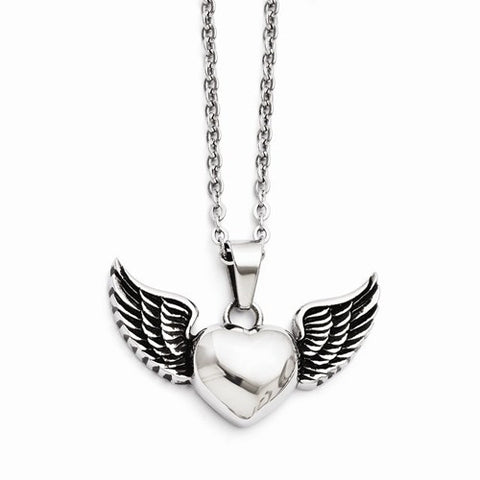Stainless Steel Antiqued and Polished Heart Wings Necklace