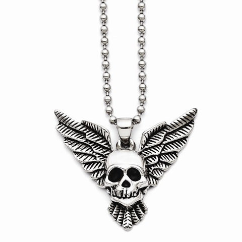 Stainless Steel Antiqued Skull Wings Polished Necklace